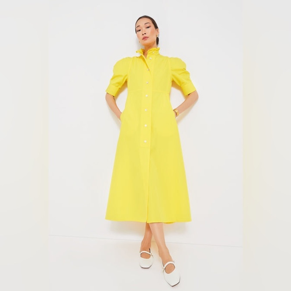 Yellow Puff-Sleeve Button-Front Midi Dress